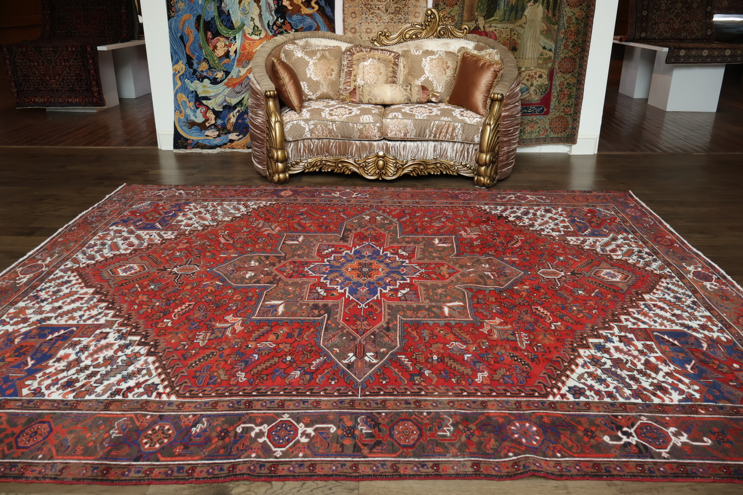 Vegetable Dye Geometric Red and Ivory Heriz Persian Area Rug 10x12