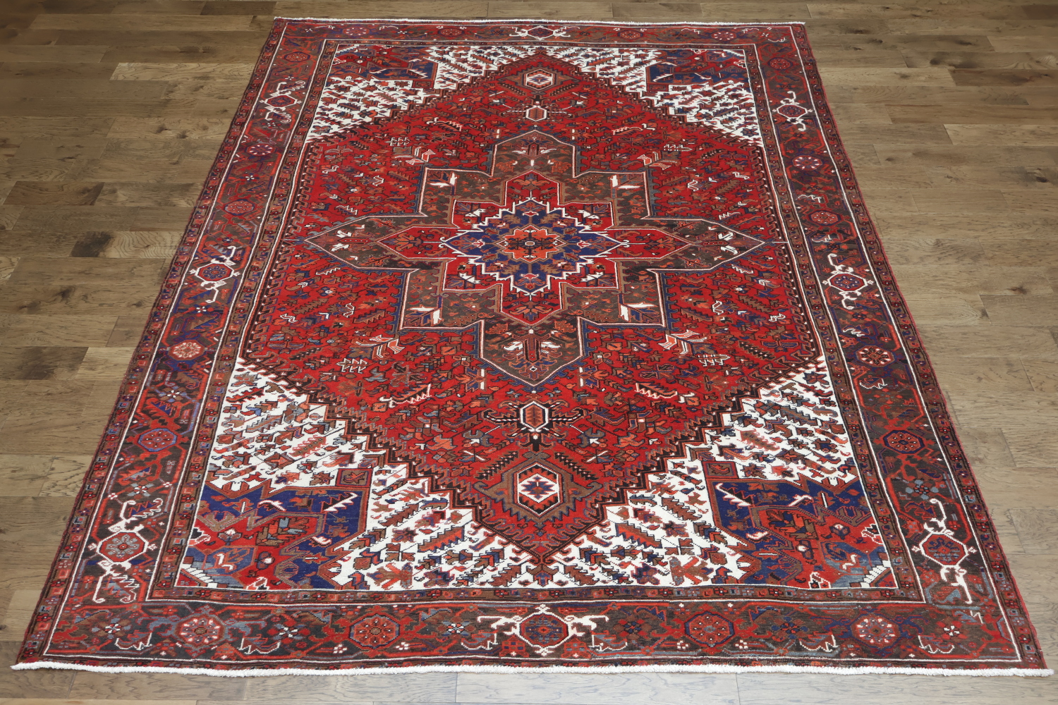 Vegetable Dye Geometric Red and Ivory Heriz Persian Area Rug 10x12
