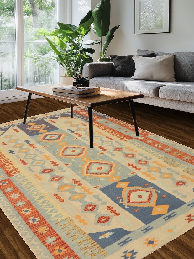 Geometric Wool Kilim Handwoven Area Rug 6x9