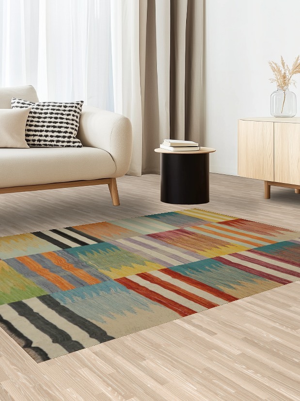 Striped Geometric Kilim Vegetable Dye Rug 5x6