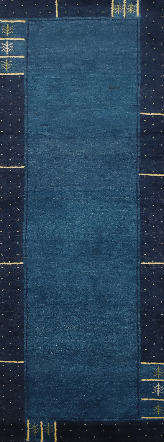 Elegant Blue Gabbeh Runer Rug 3x8 with Minimalist Geometric Design