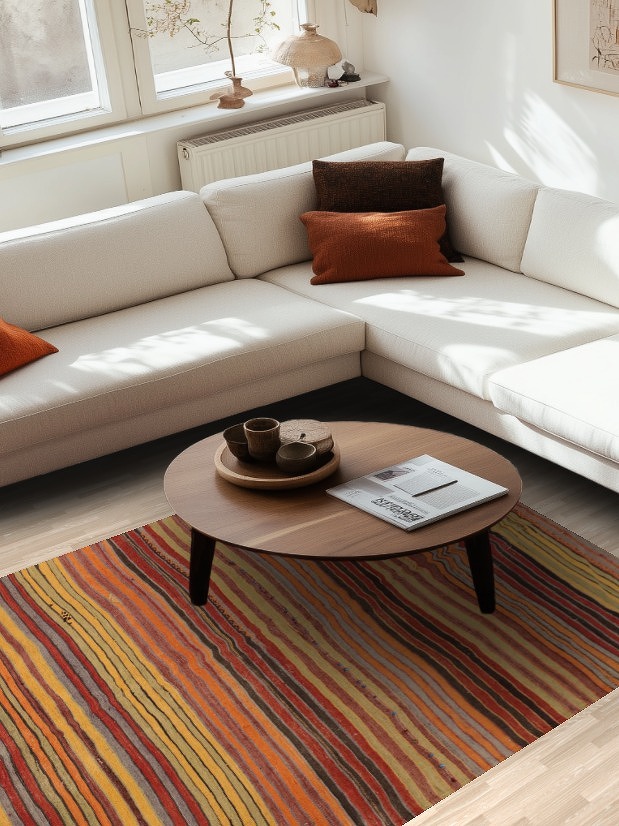 Vibrant Earth-Toned Lines Kilim Area Rug 5x9 for Living Rooms