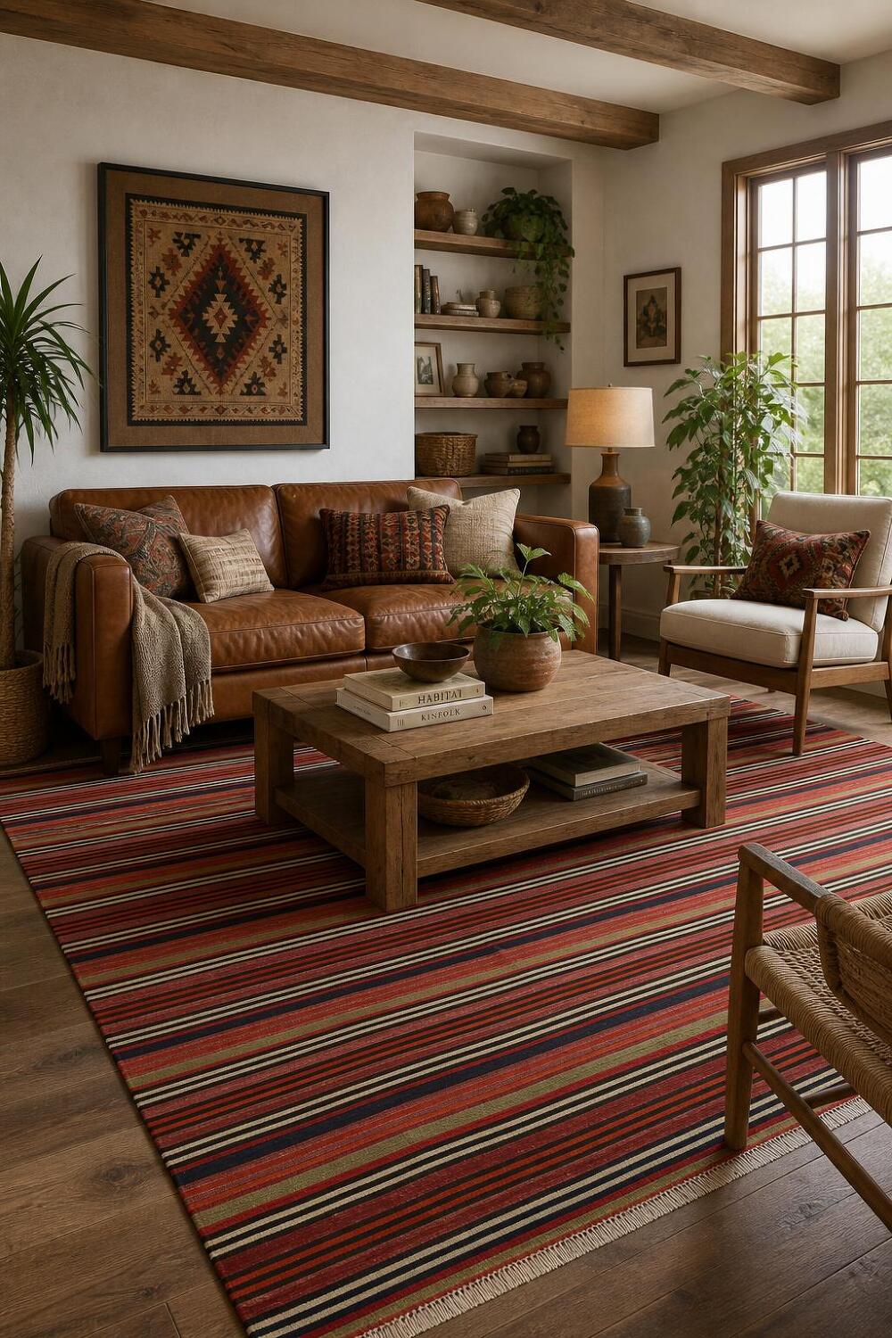 Warm Striped Kilim Area Rug 5x11 in Earthy Tones for Cozy Spaces