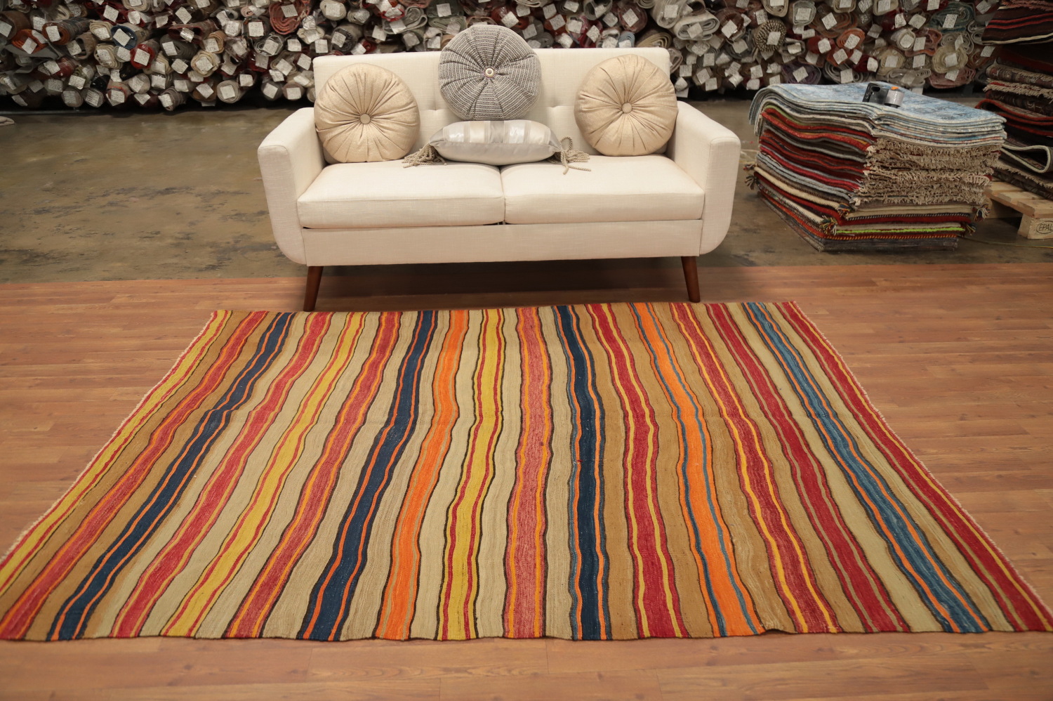 Earth-Toned Stripes Artisan Kilim Rug 5x7 for Home Décor