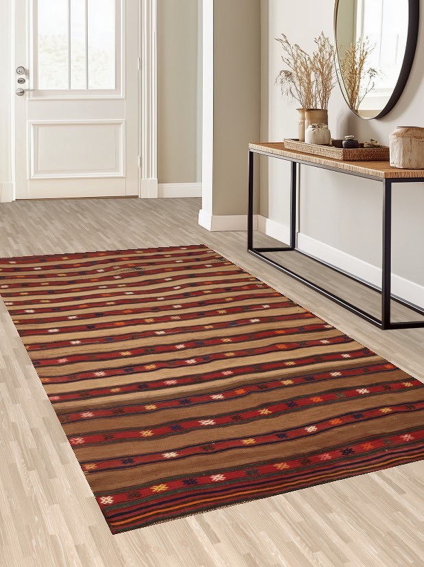 Handwoven Kilim Area Rug 5x10 with Rich Earth Tones and Stripes
