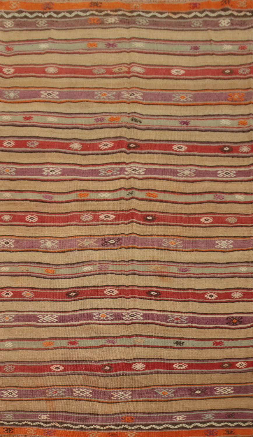 Vegetable Dye Striped Wool Kilim Turkish Rug 4x7