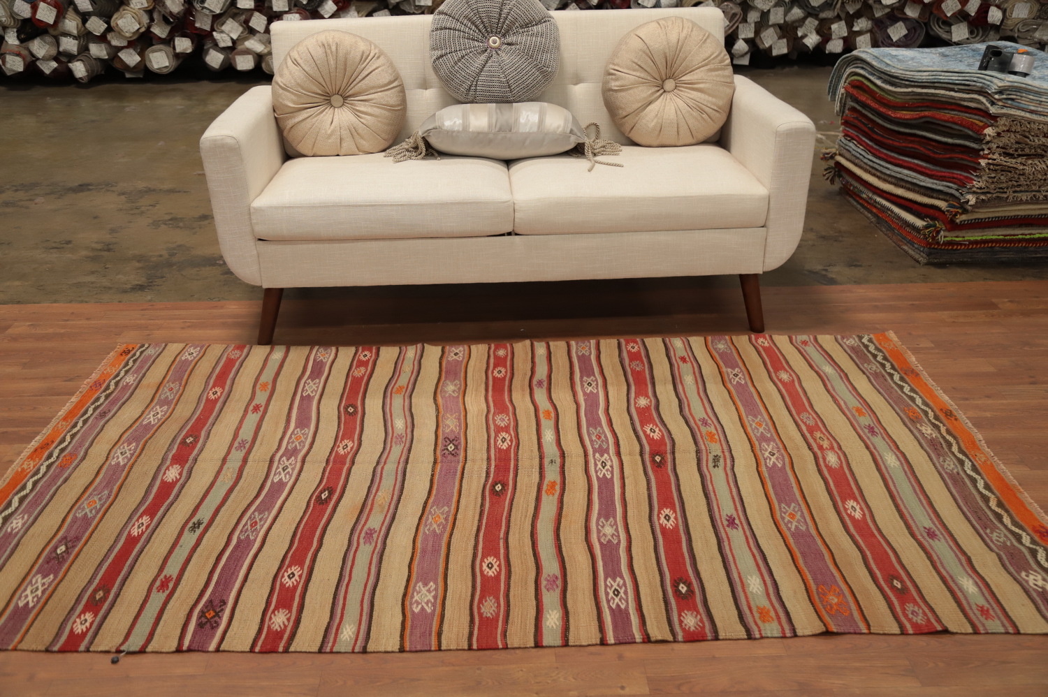 Vegetable Dye Striped Wool Kilim Turkish Rug 4x7