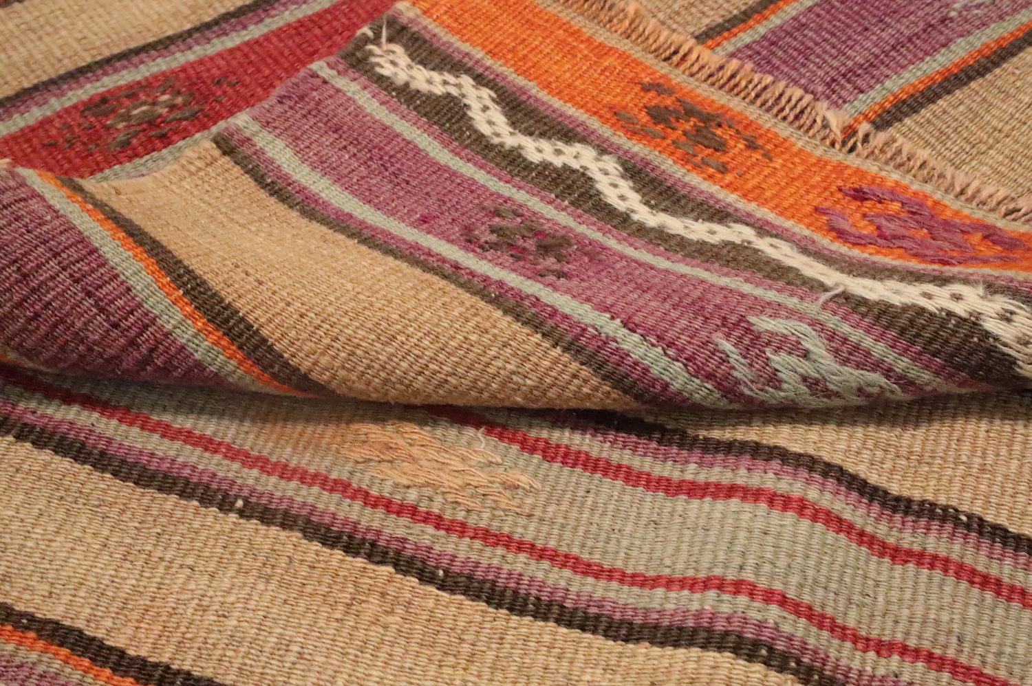 Vegetable Dye Striped Wool Kilim Turkish Rug 4x7