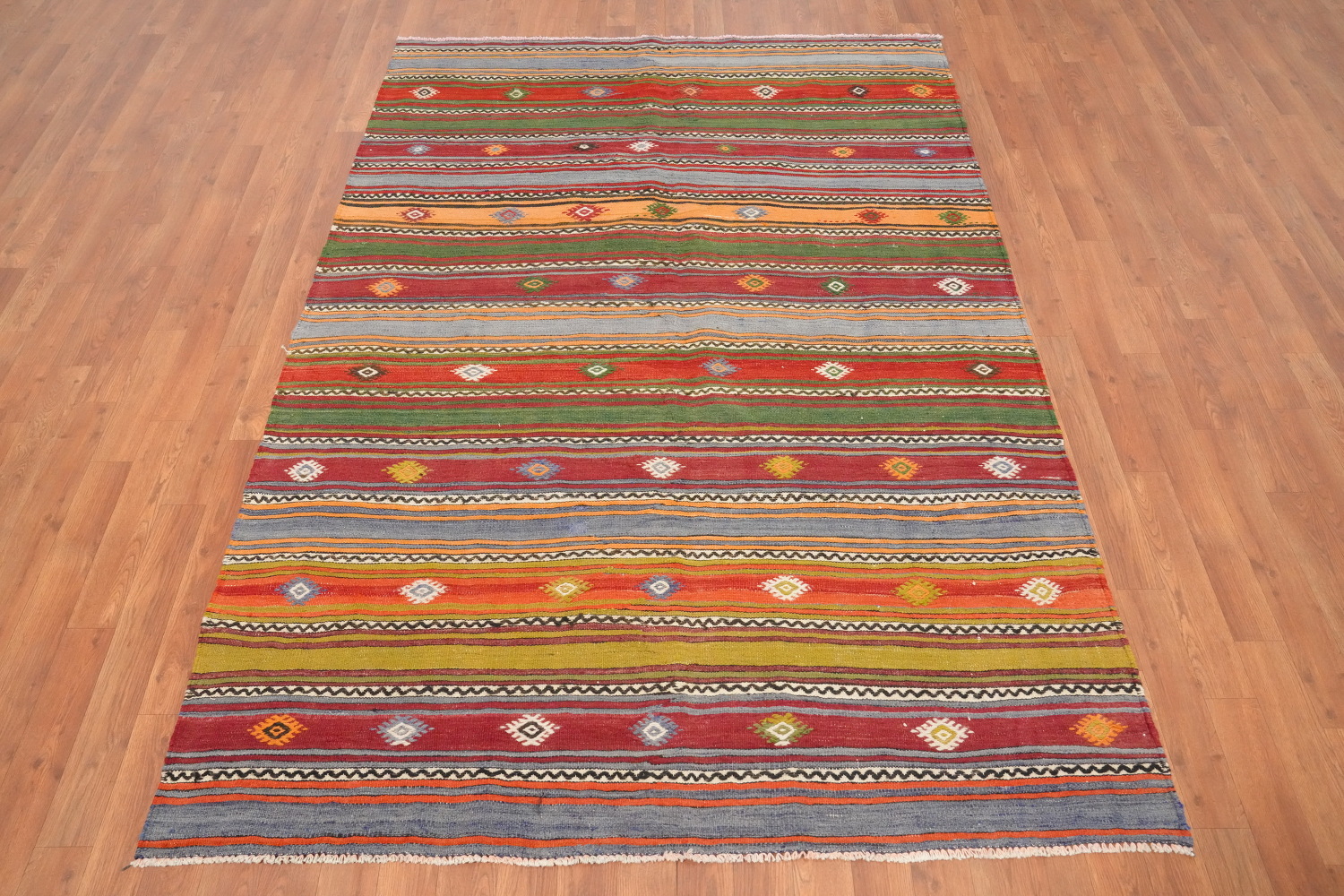 Vibrantly Striped Kilim Rug 5x7 with Geometric Motifs
