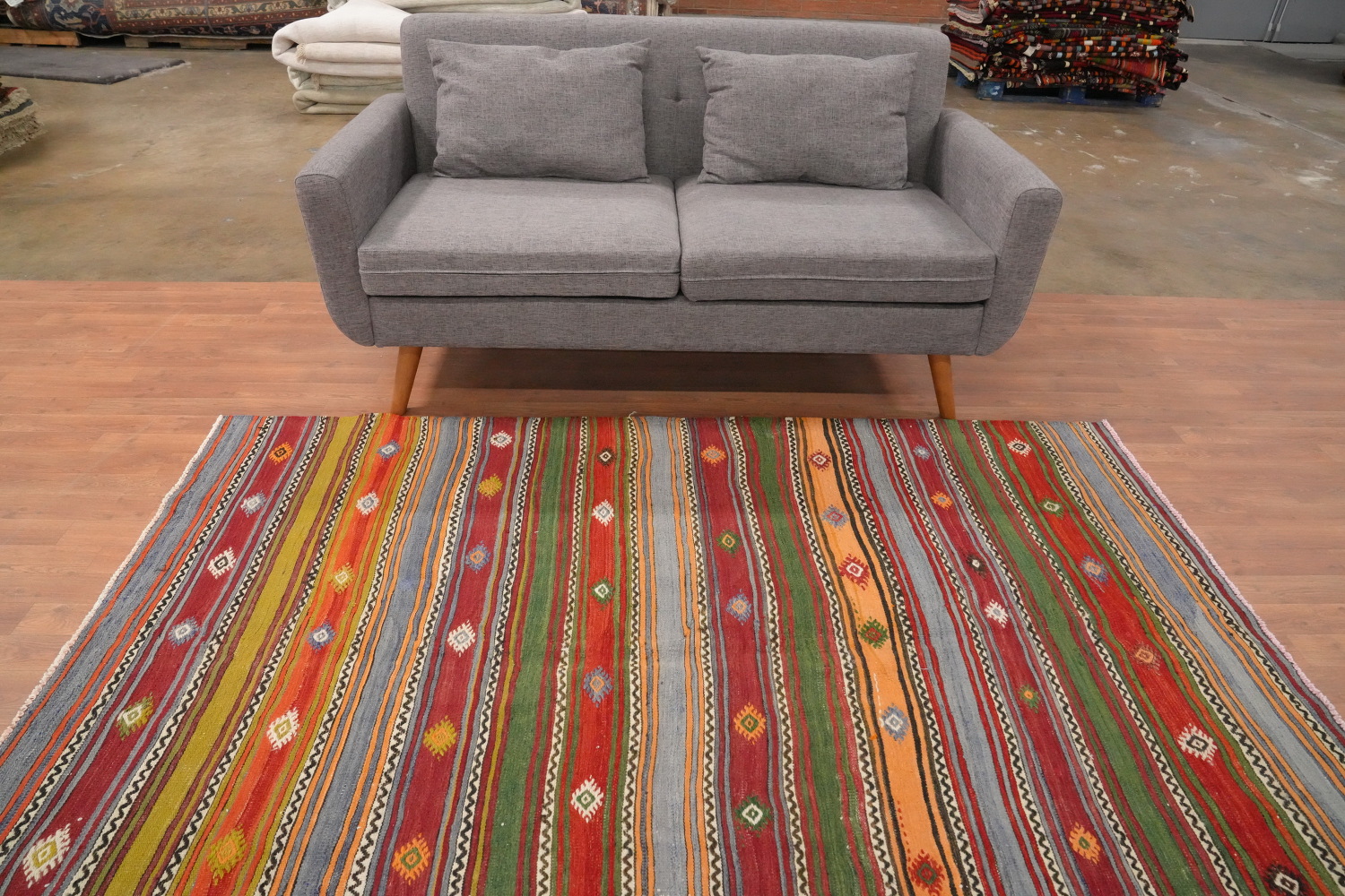 Vibrantly Striped Kilim Rug 5x7 with Geometric Motifs
