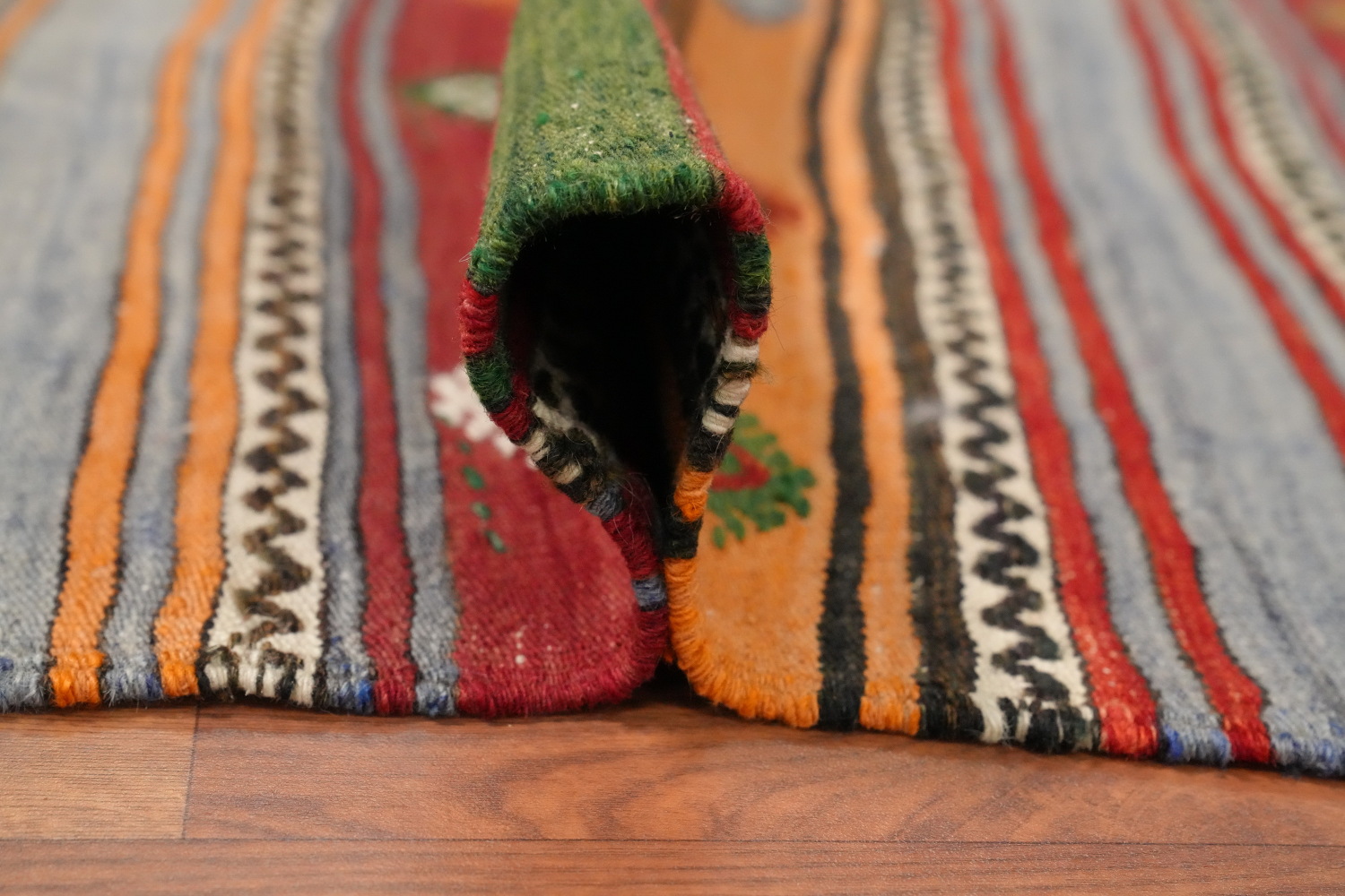 Vibrantly Striped Kilim Rug 5x7 with Geometric Motifs