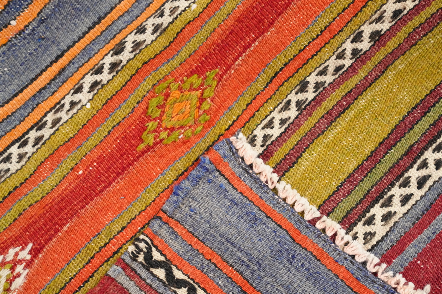 Vibrantly Striped Kilim Rug 5x7 with Geometric Motifs