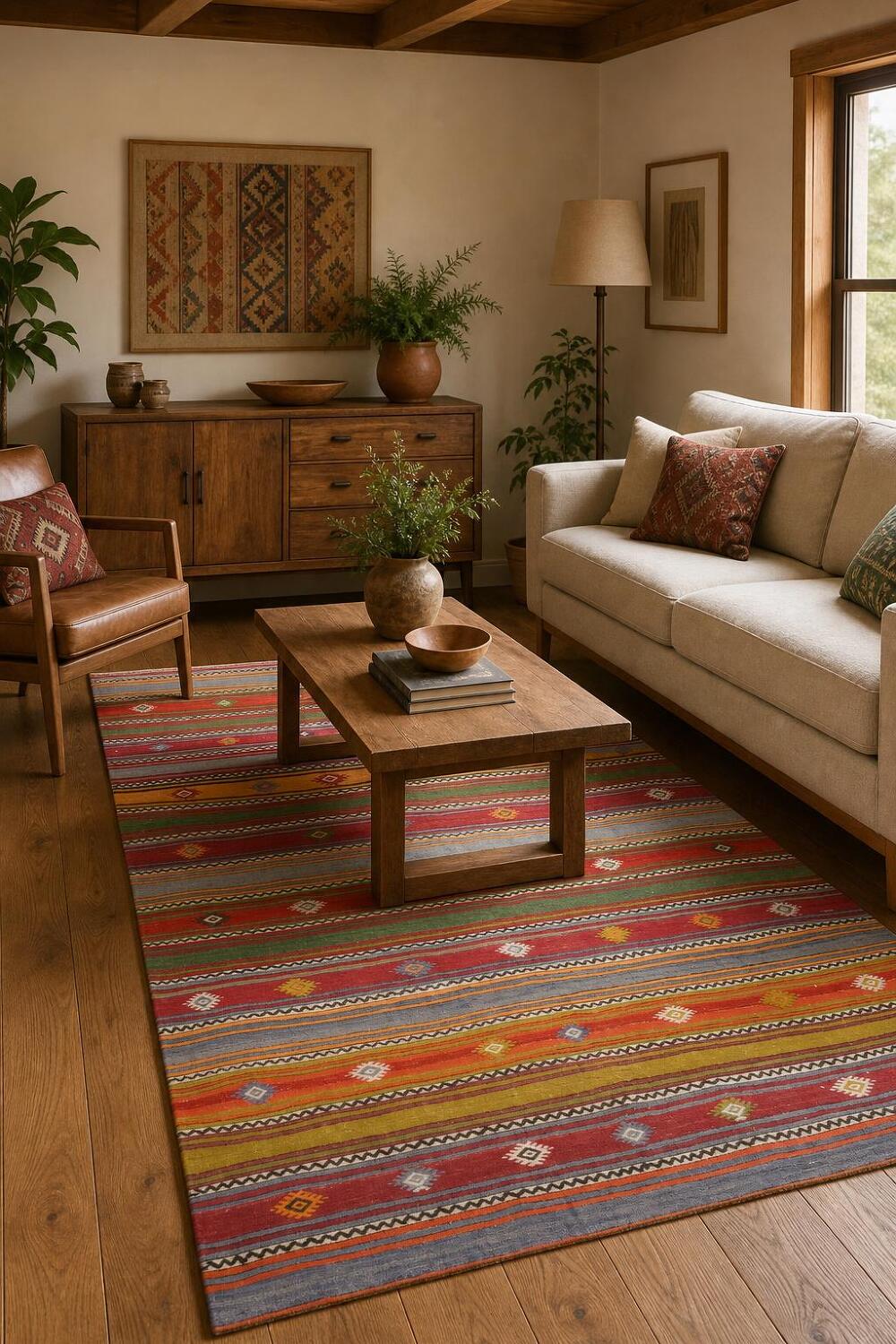 Vibrantly Striped Kilim Rug 5x7 with Geometric Motifs