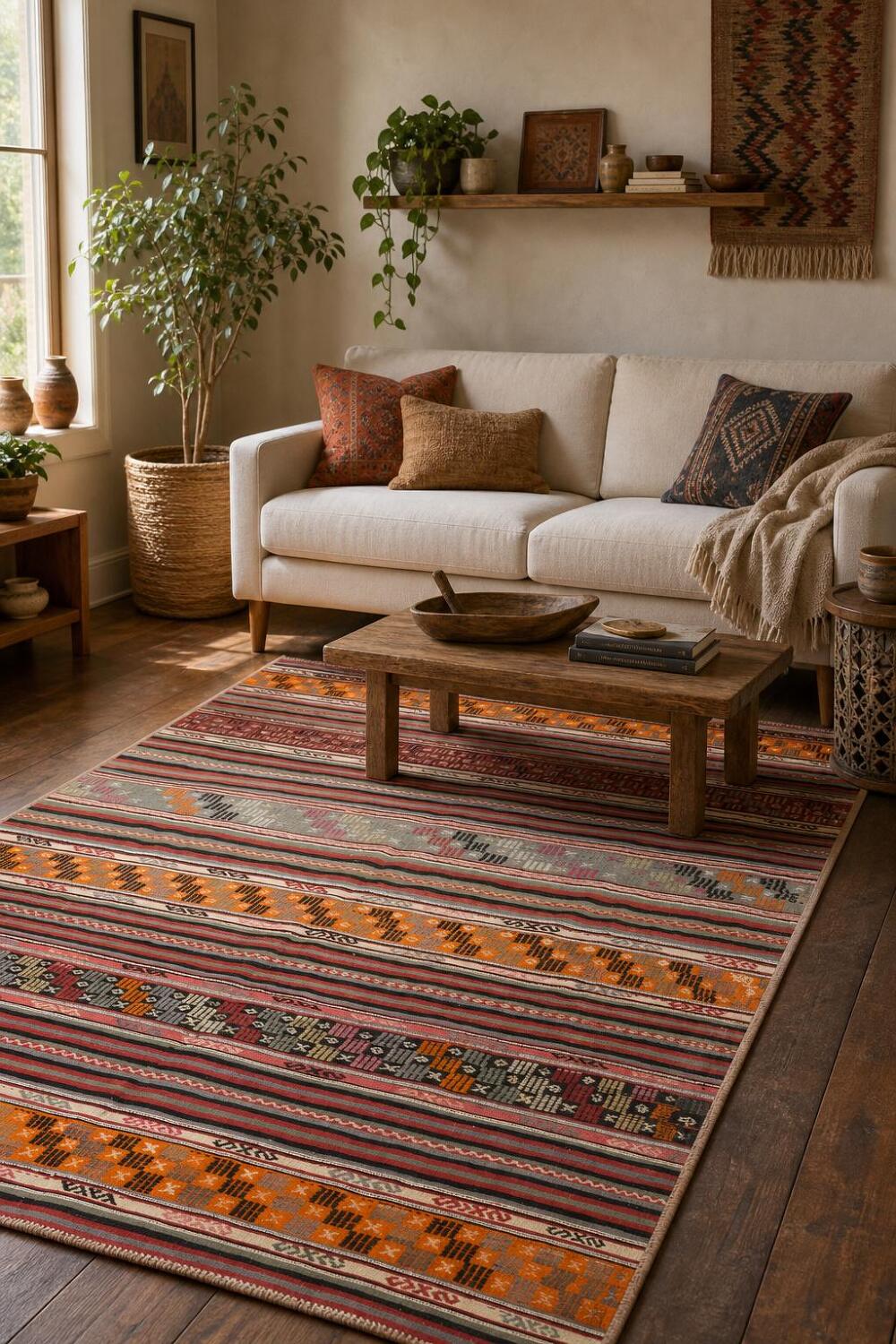 Vegetable Dye Striped Kilim Turkish Area Rug 5x9