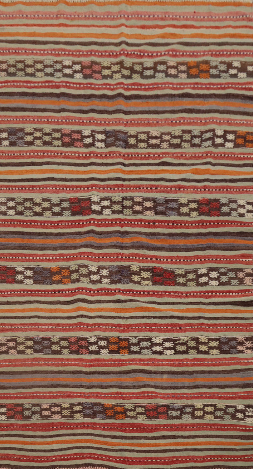 Vibrant Striped Kilim Area Rug 5x9 with Intricate Geometric Patterns