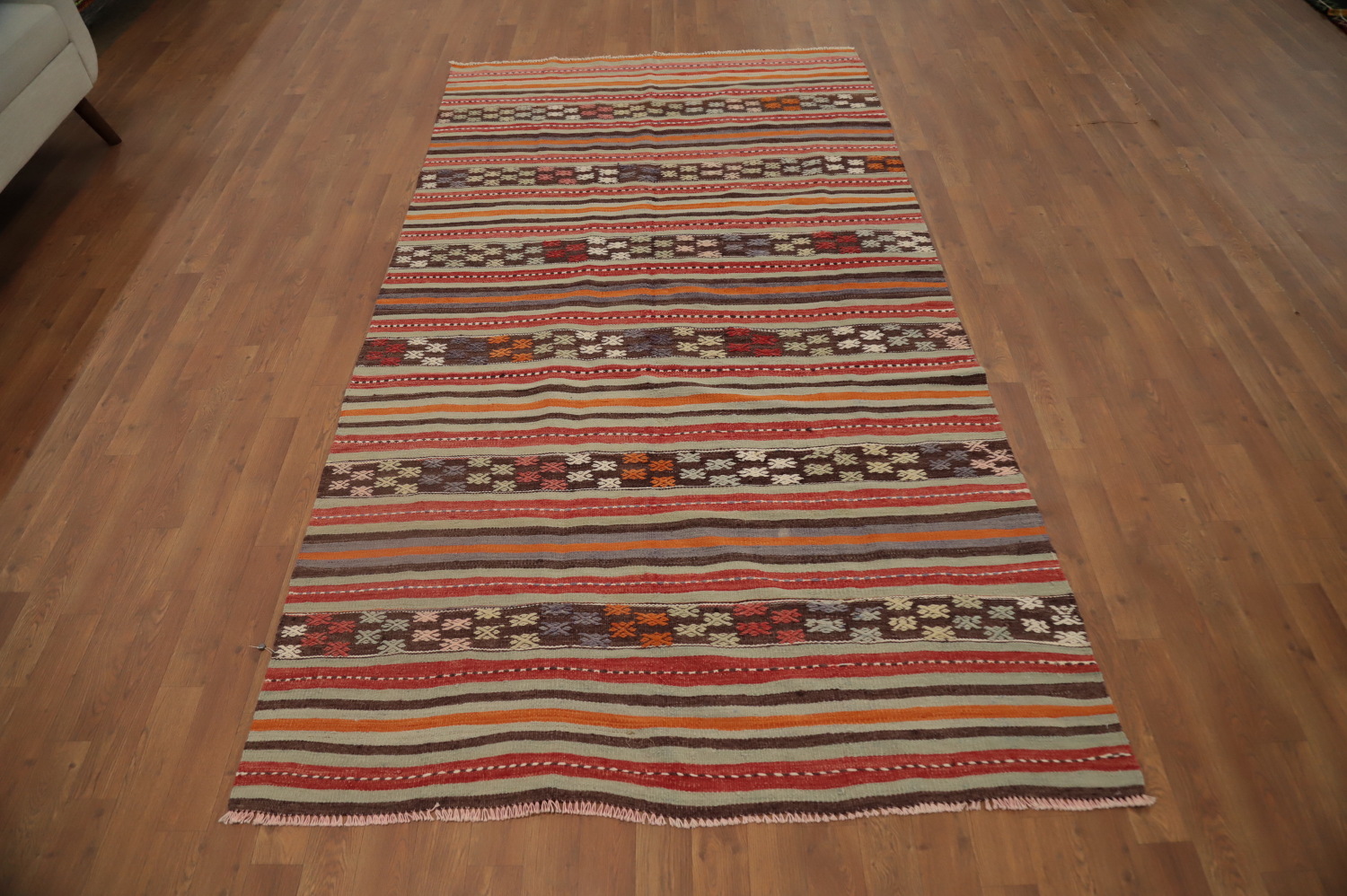 Vibrant Striped Kilim Area Rug 5x9 with Intricate Geometric Patterns