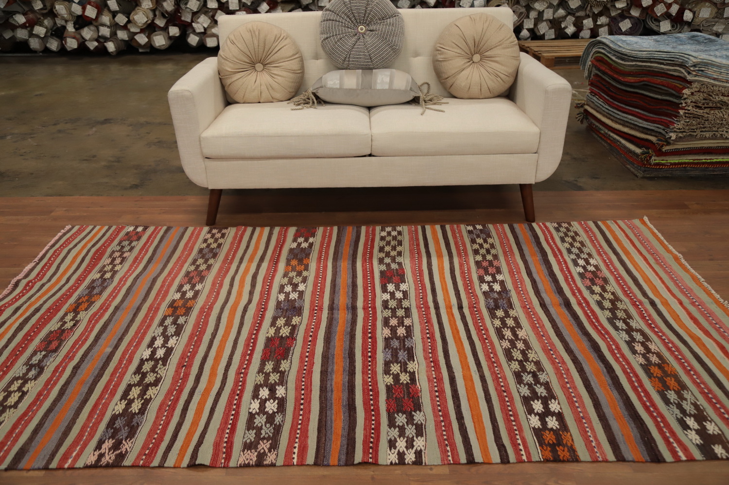 Vibrant Striped Kilim Area Rug 5x9 with Intricate Geometric Patterns
