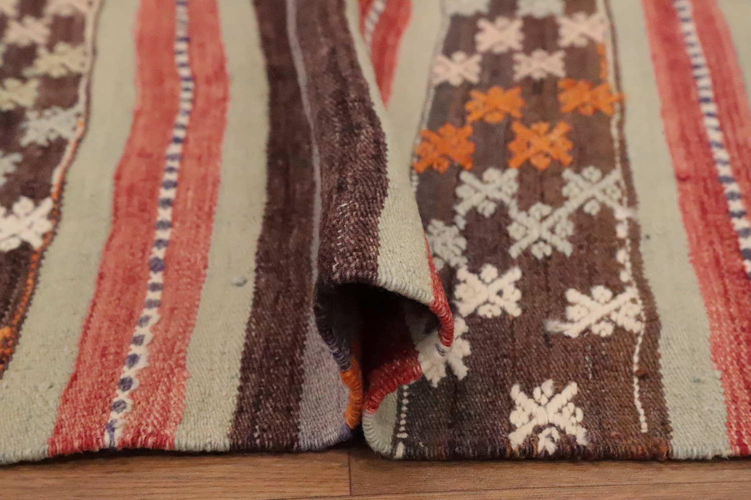 Vibrant Striped Kilim Area Rug 5x9 with Intricate Geometric Patterns
