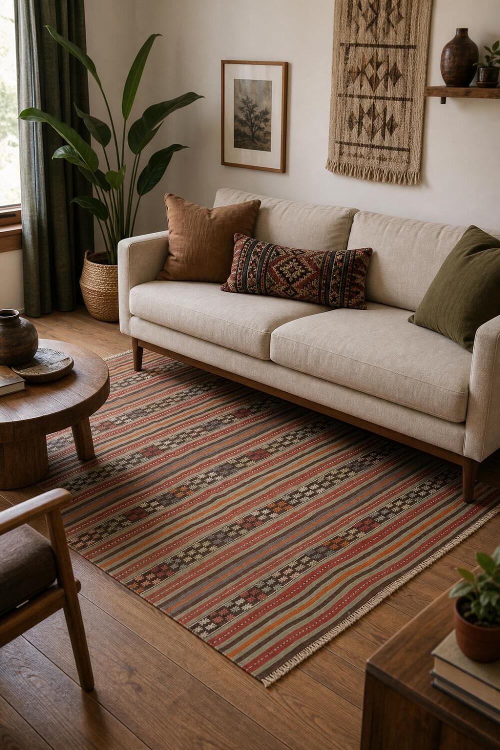 Vibrant Striped Kilim Area Rug 5x9 with Intricate Geometric Patterns