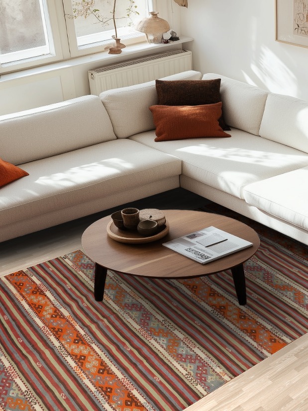 Vibrant Earth Tones Striped Kilim Area Rug 5x8 for Bohemian Vibes