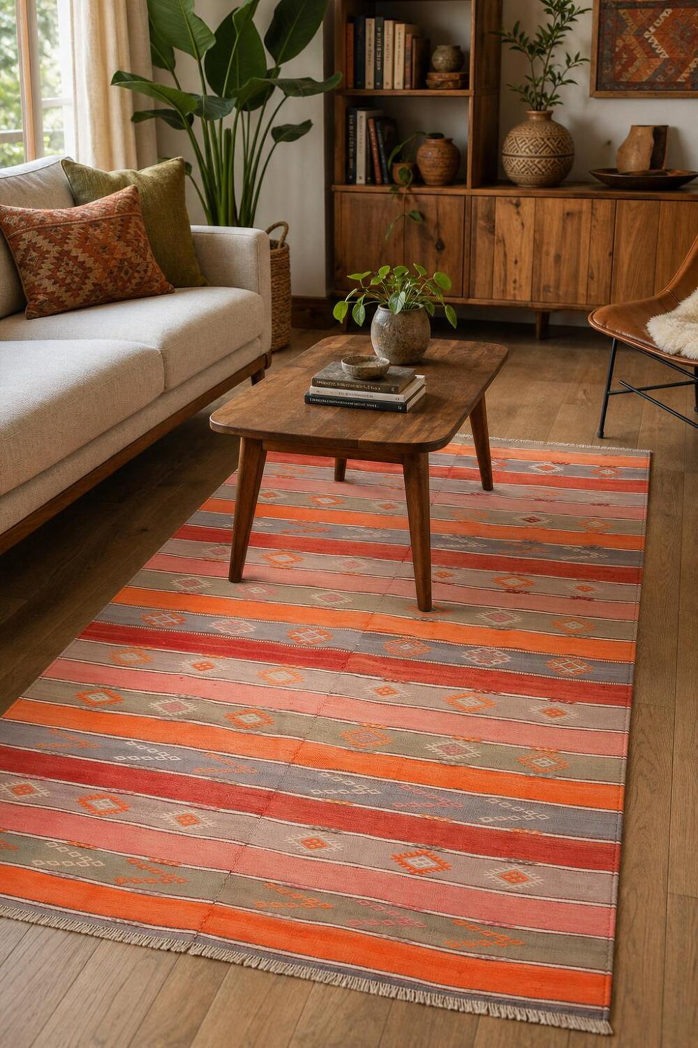 Vegetable Dye Kilim Striped Wool Runner Rug 4x9