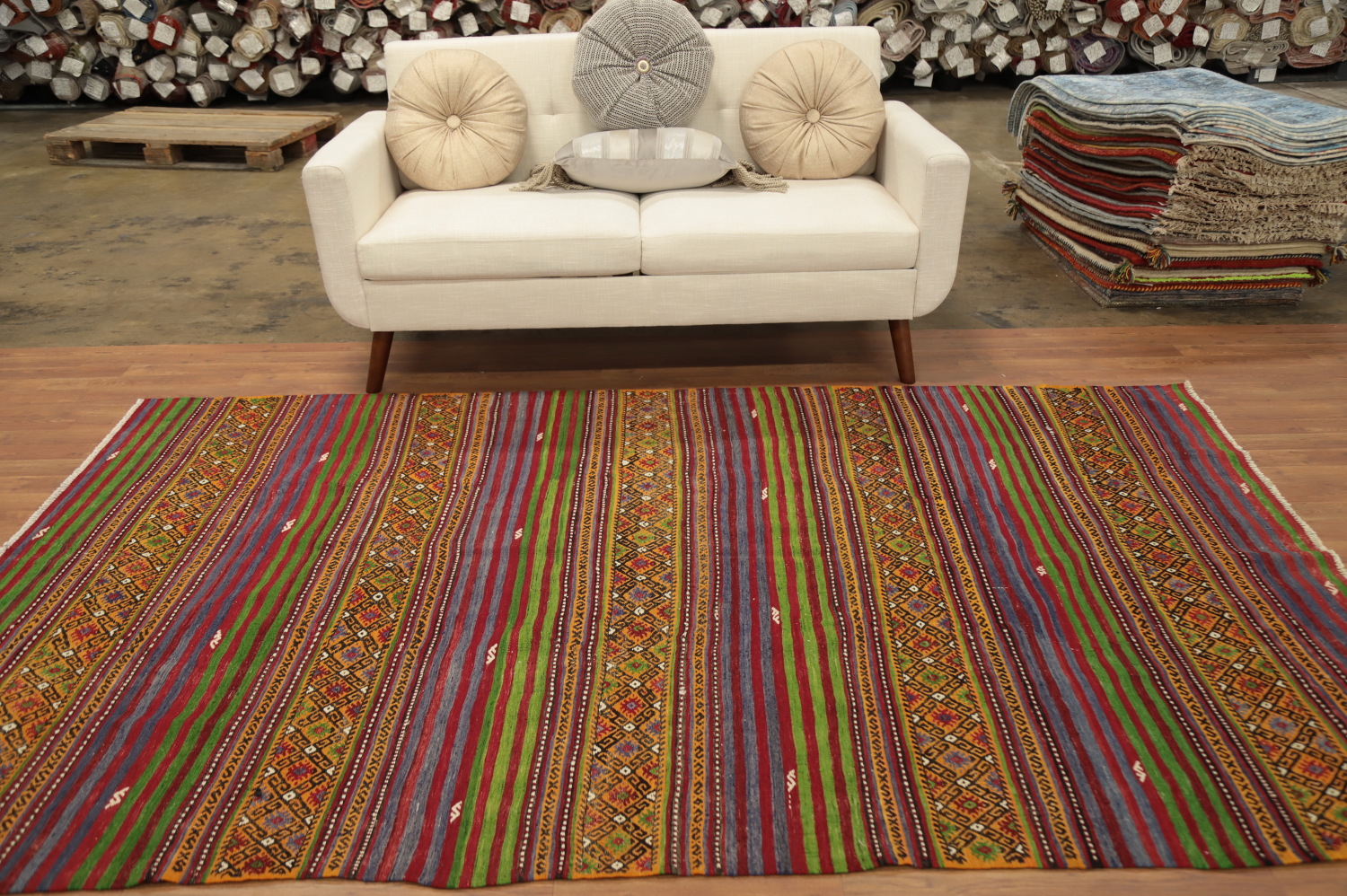 Vegetable Dye Kilim Striped Wool Area Rug 6x9