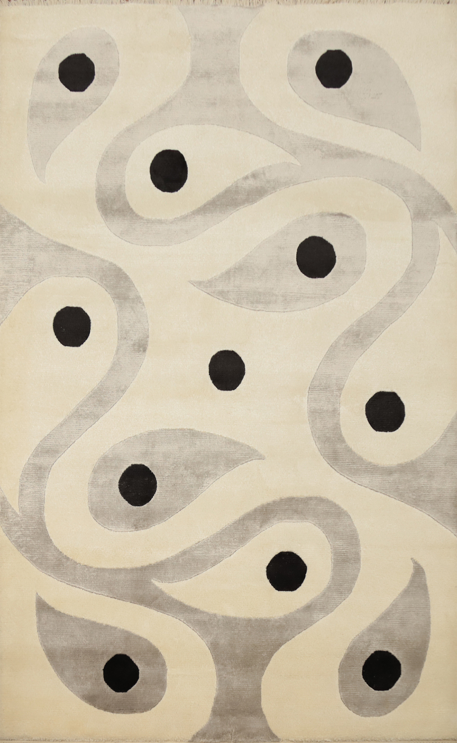 Contemporary Curved Design Nepalese Rug 4x6 with Bold Black Dots