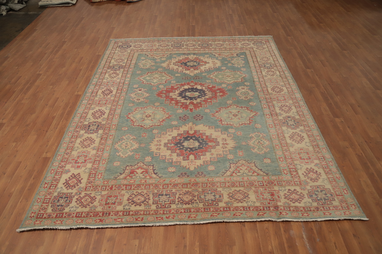 Blue Geometric Kazak Vegetable Dye Area Rug 8x10
