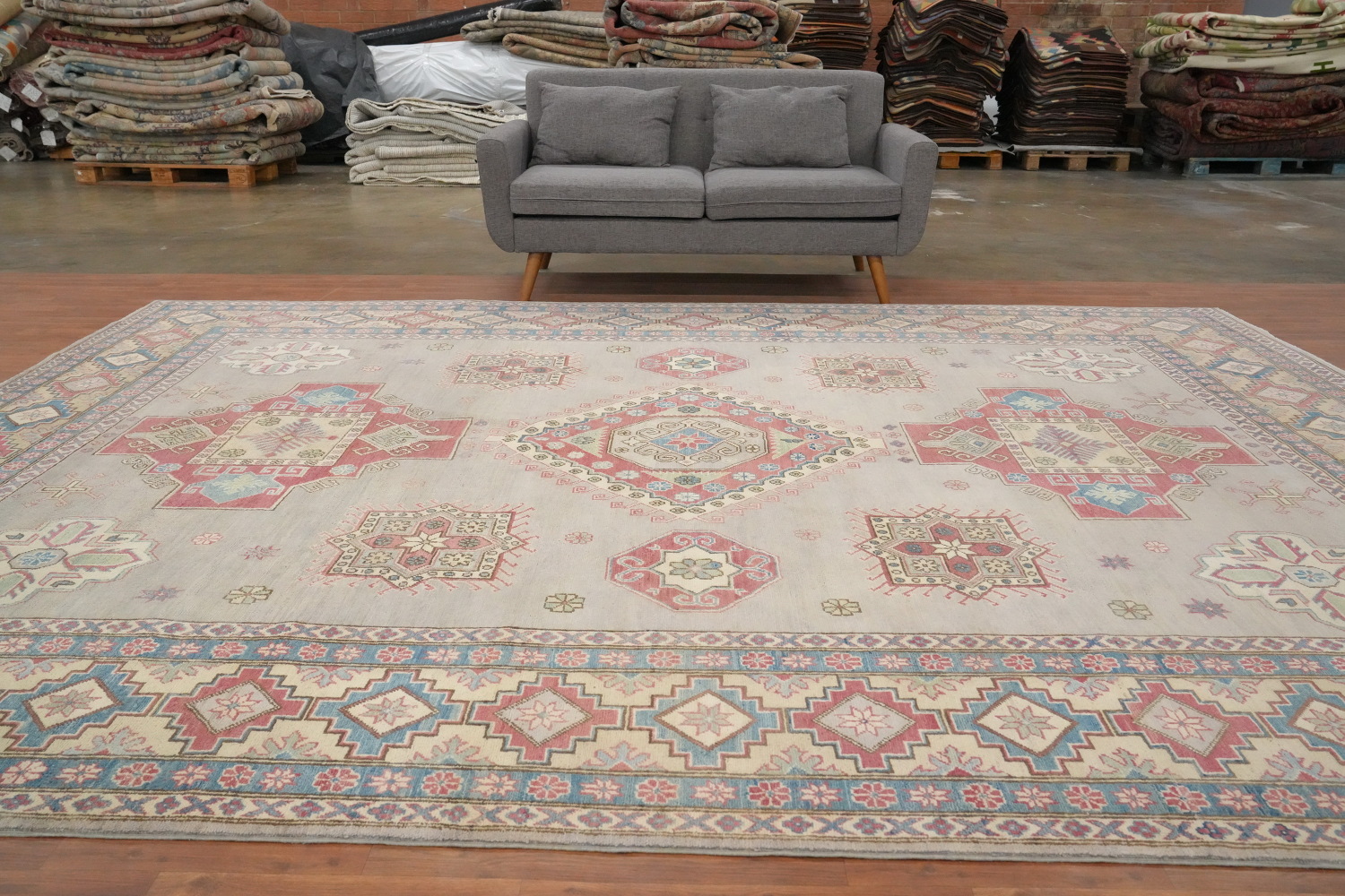 Geometric Gray Kazak Vegetable Dye Area Rug 10x13