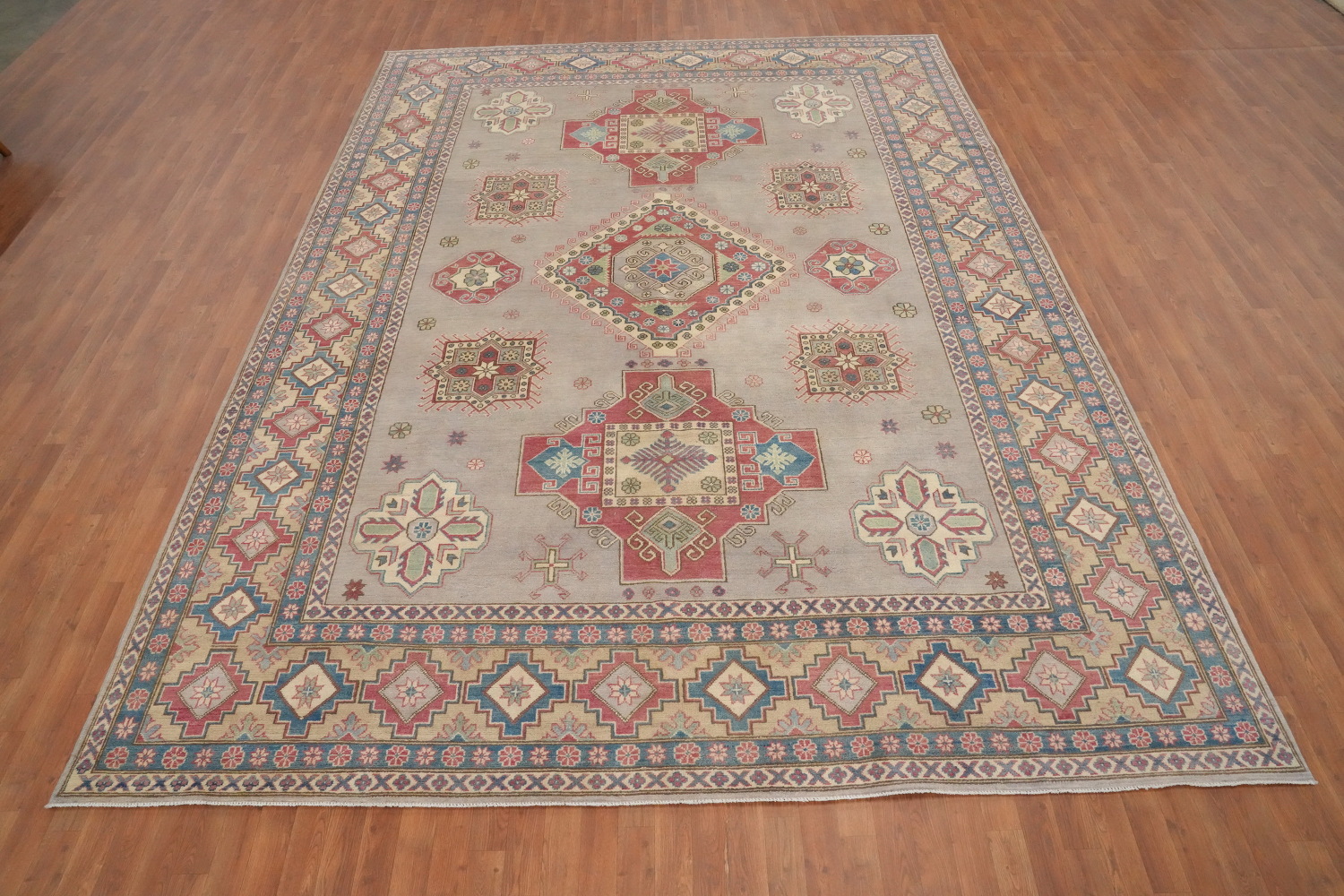 Geometric Gray Kazak Vegetable Dye Area Rug 10x13