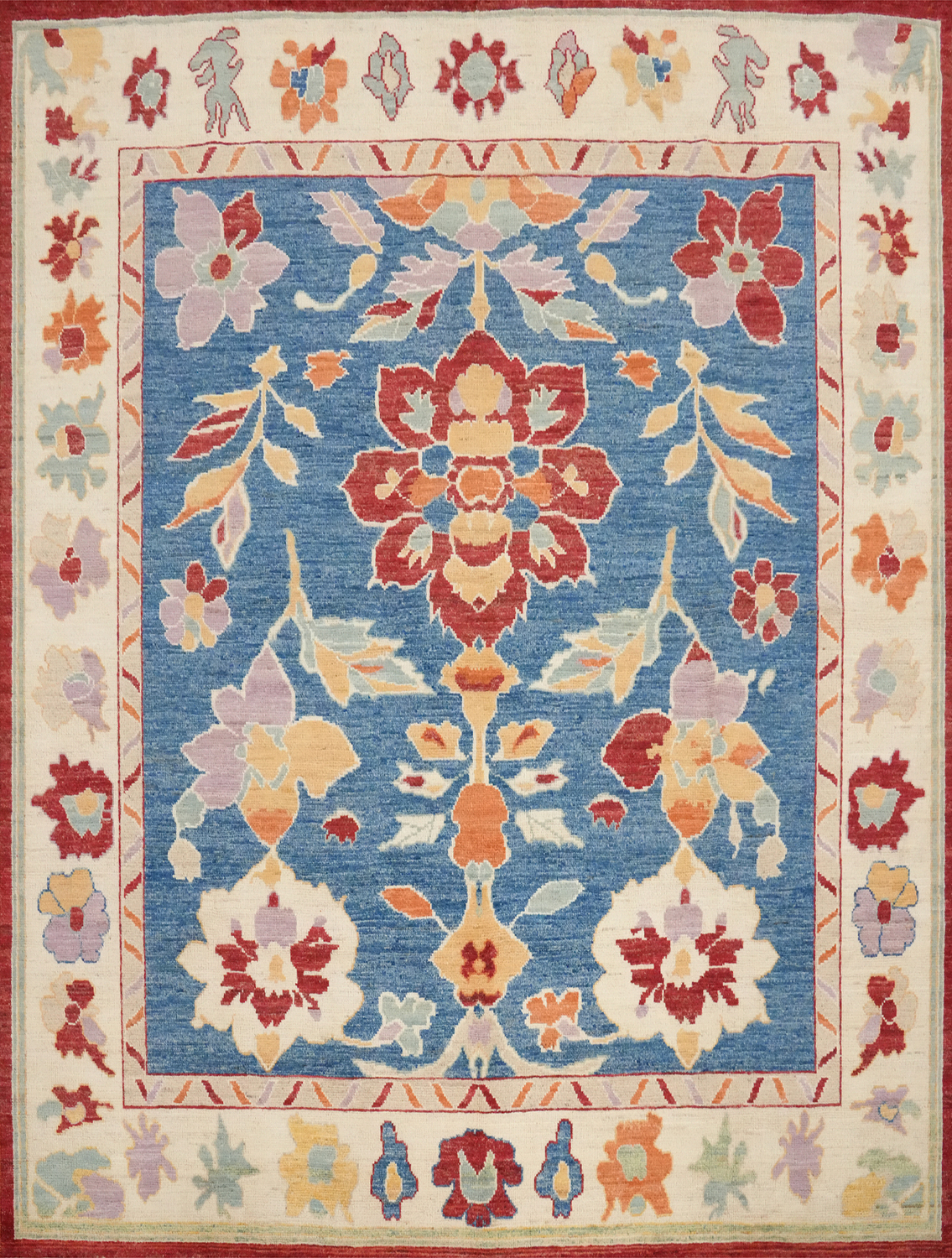 Blue Floral Square Oushak Vegetable Dye Area Rug 8x8