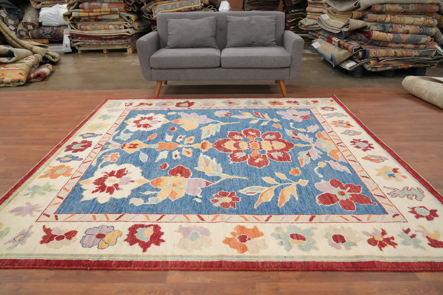 Blue Floral Square Oushak Vegetable Dye Area Rug 8x8