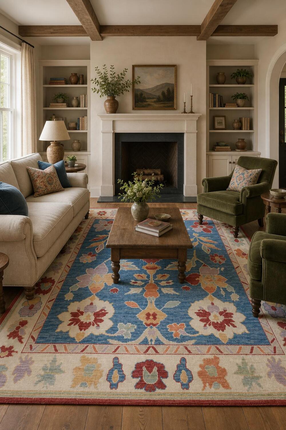 Blue Floral Square Oushak Vegetable Dye Area Rug 8x8