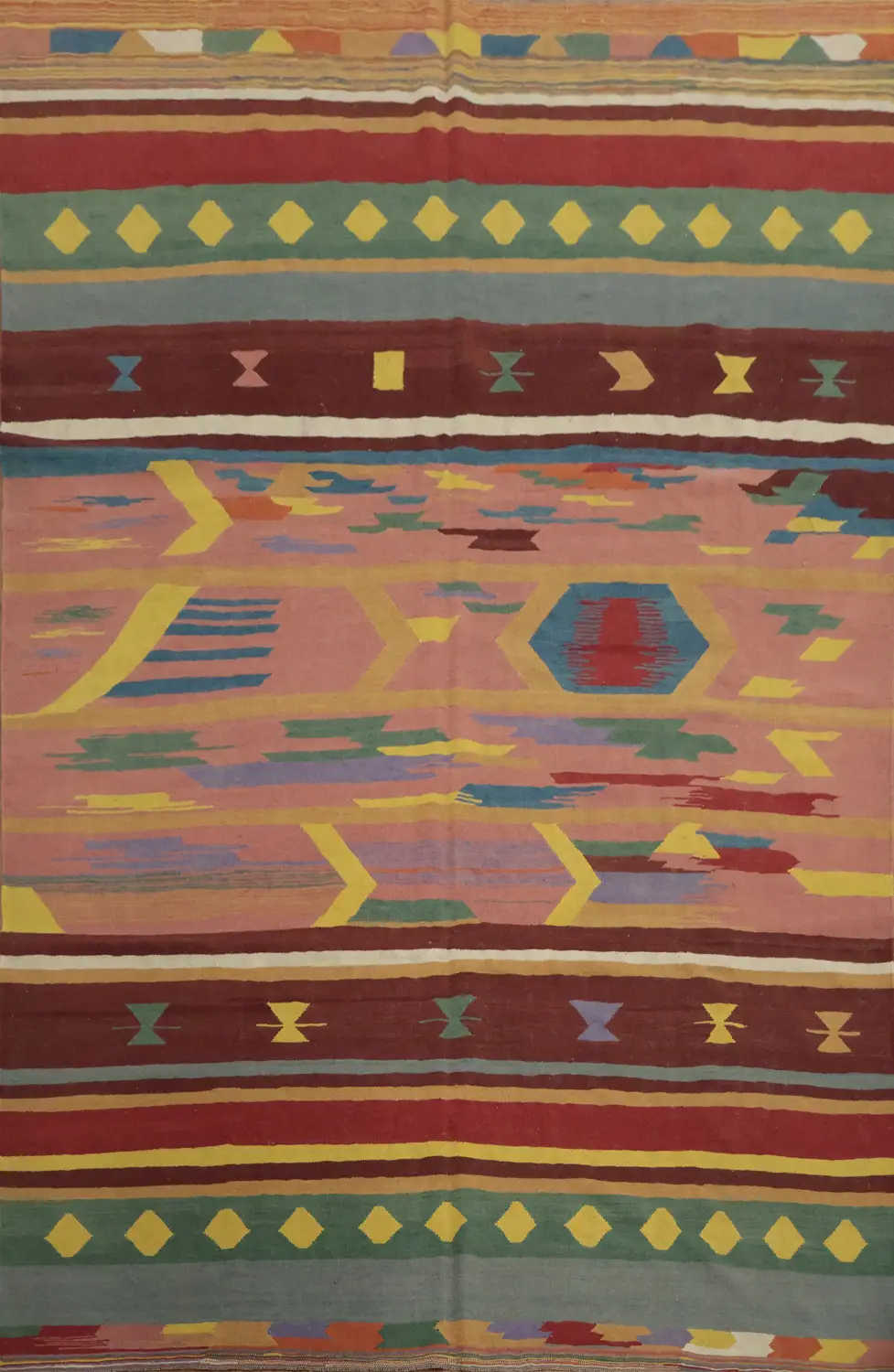 Bold Patterned Kilim Area Rug 9x12 with Multicolored Tribal Accents