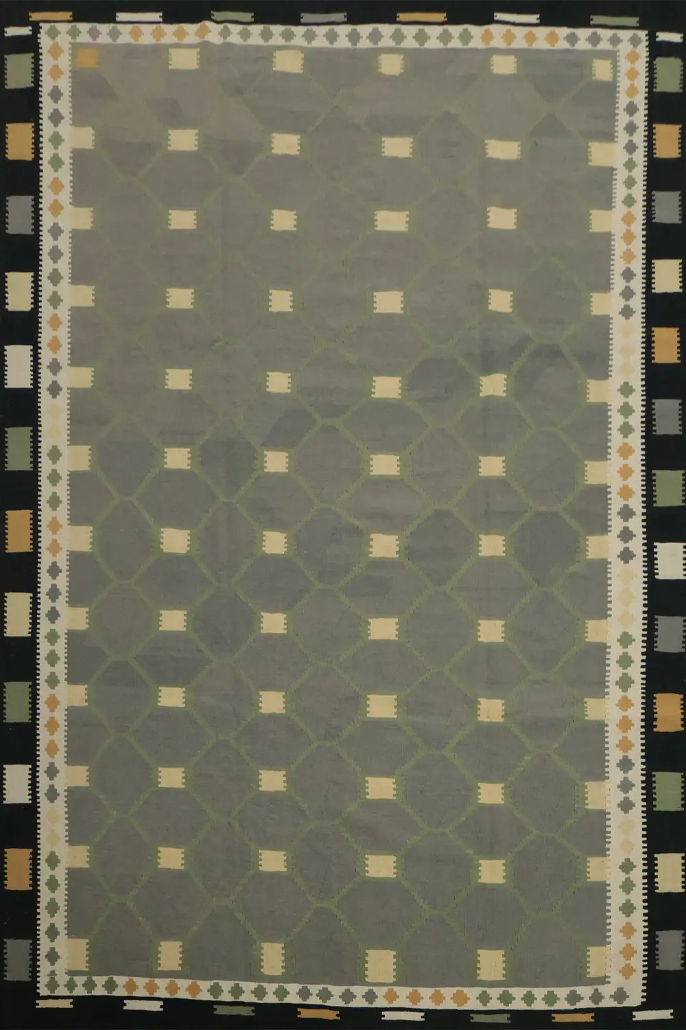 Sophisticated Gray Kilim Area Rug 10x13 Featuring Square Border