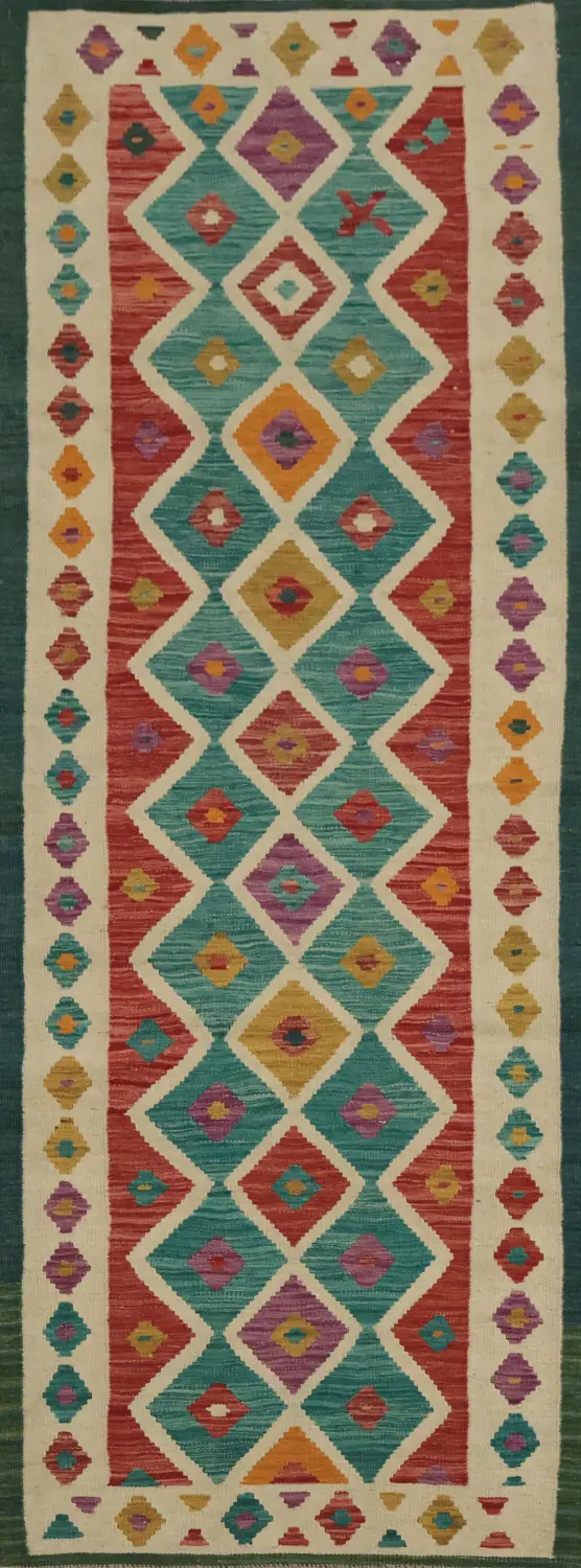 Colorful Geometric Patterned Runner Kilim Runner Rug 3x9