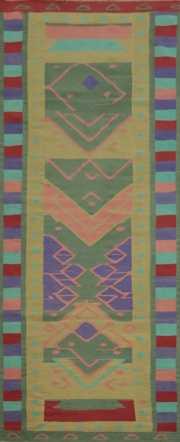 Artisan-Style Kilim Runner Rug 4x12 with a Bold Geometric Flair