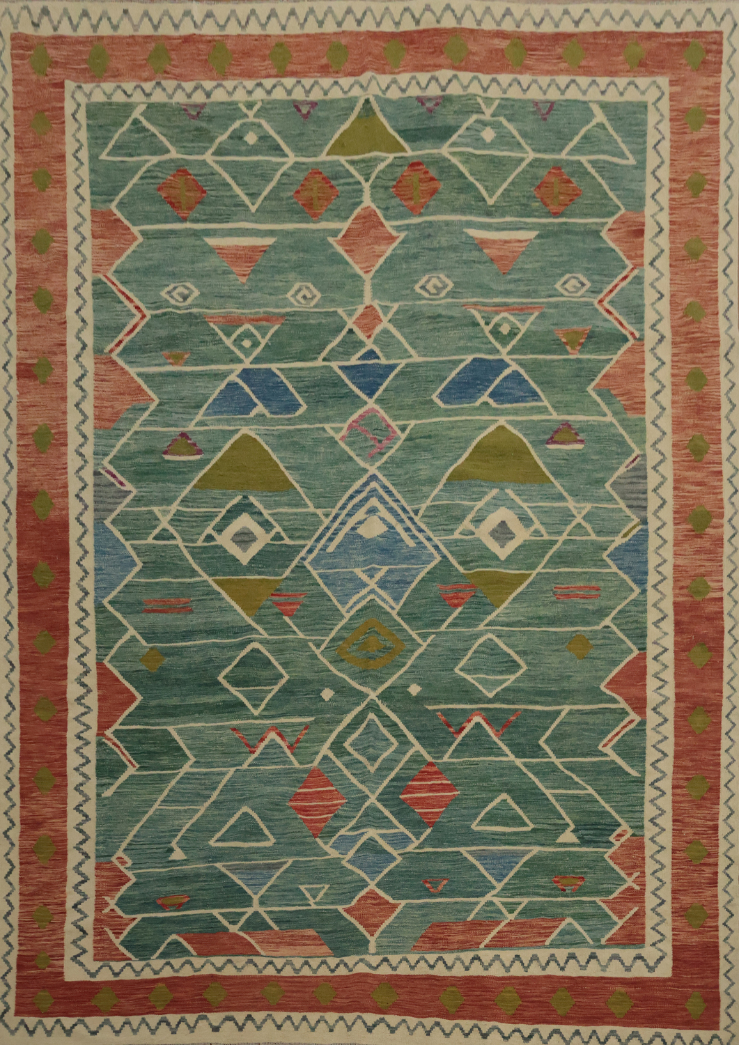 Green Artisan Kilim Area Rug 8x10 with Geometric Patterns