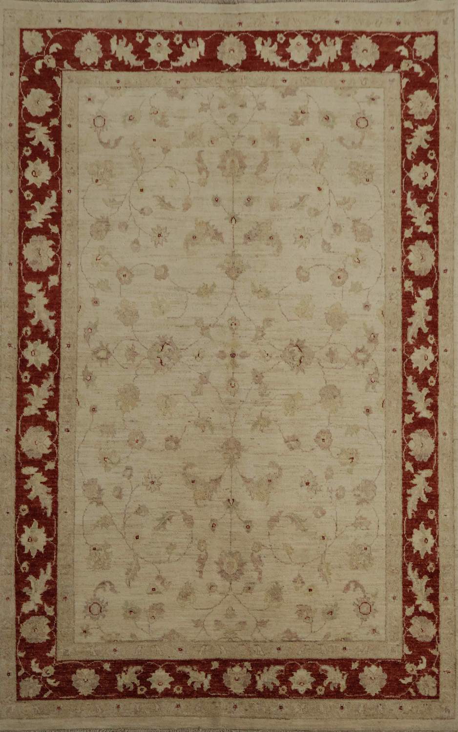 Classic Beige Oushak Area Rug 6x8 Featuring Lavish Red Borders