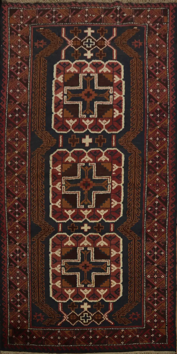 Handcrafted Heritage Balouch Rug 3x6 Featuring Symmetrical Motifs