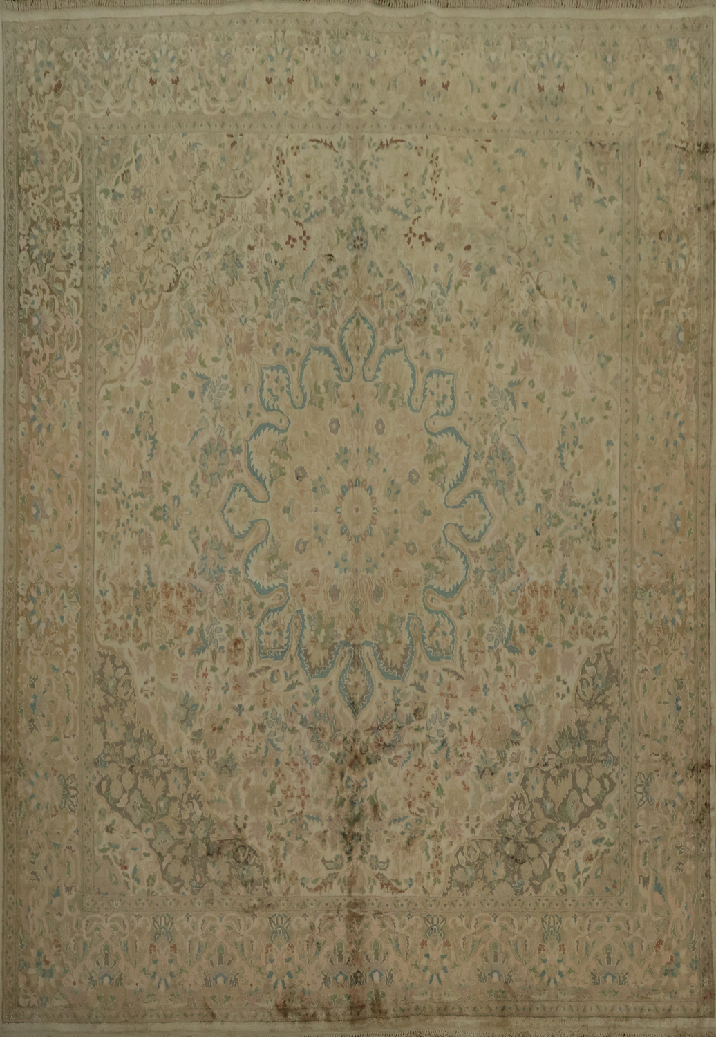 Timeless Beige and Blue Silk Kashmir Square Rug 7x7