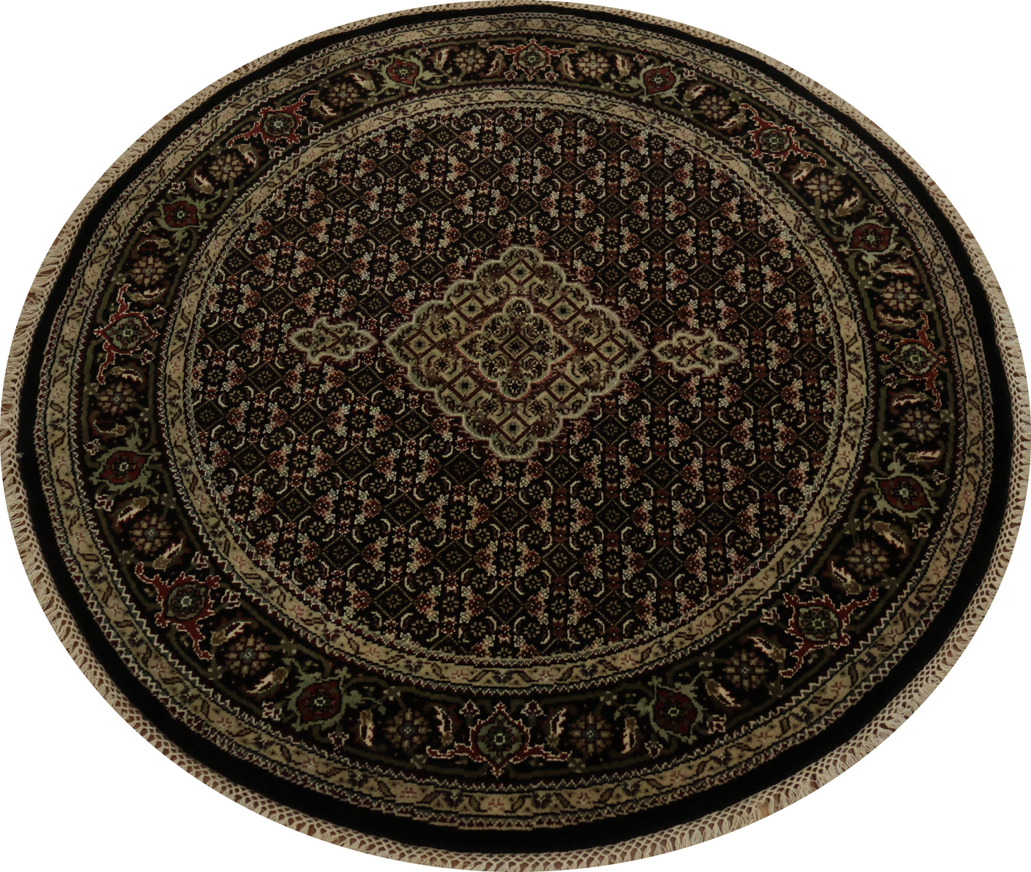 Luxury Traditional Tabriz Mahi Black Round Rug 4x4 ft