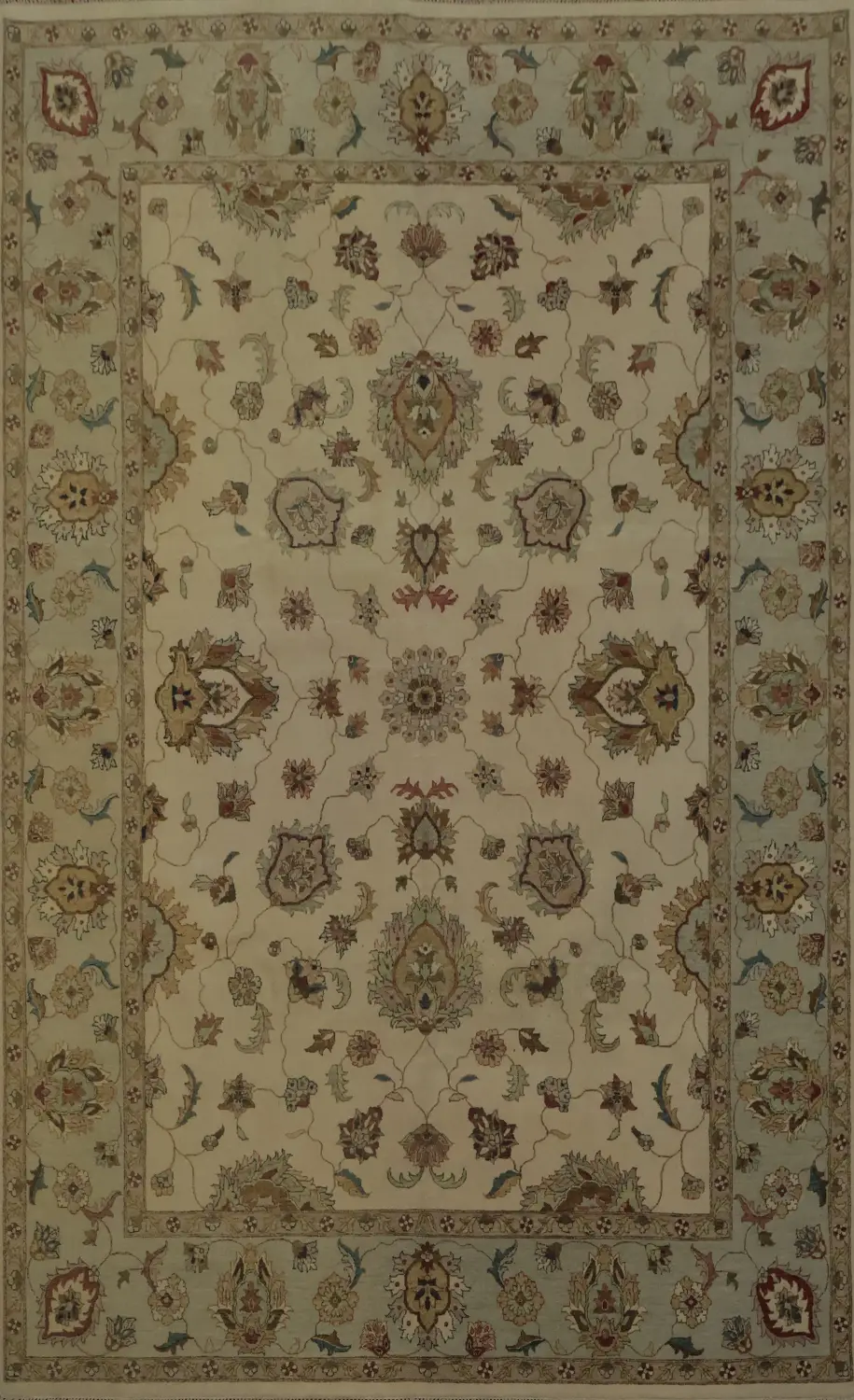 Elegant Beige and Blue Peshawar Rug with Intricate Floral Patterns 10x14