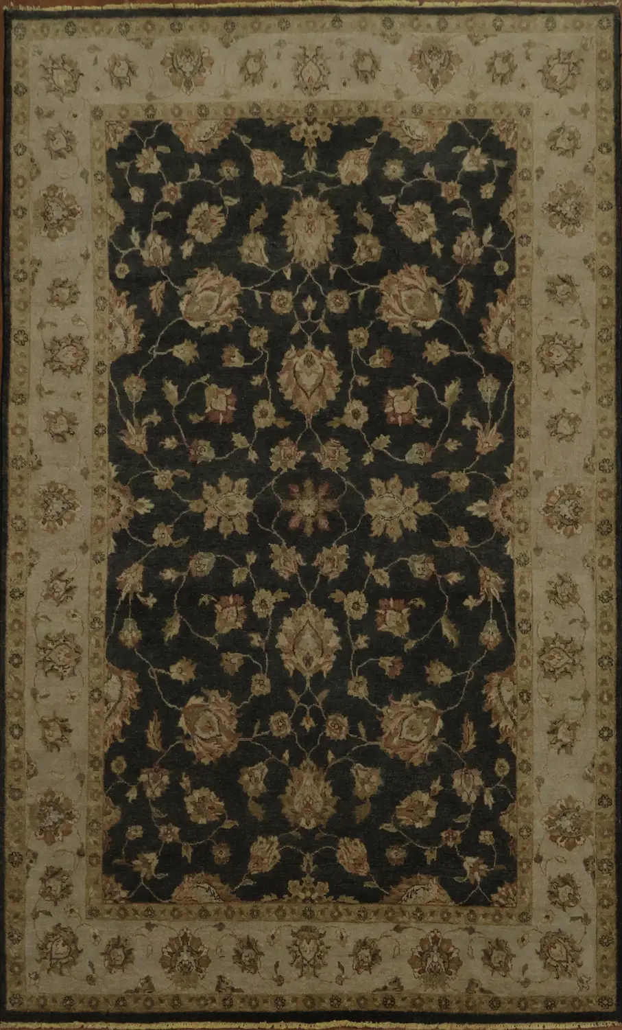 Luxurious Floral Peshawar Black Rug with Elegant Cream Border Design 6x9