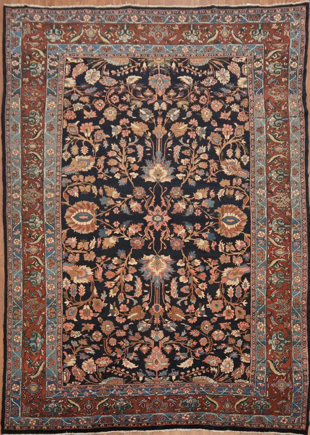 Luxurious Navy Blue and Pink Vegetable Dye Malayer Persian Rug 10'x14'