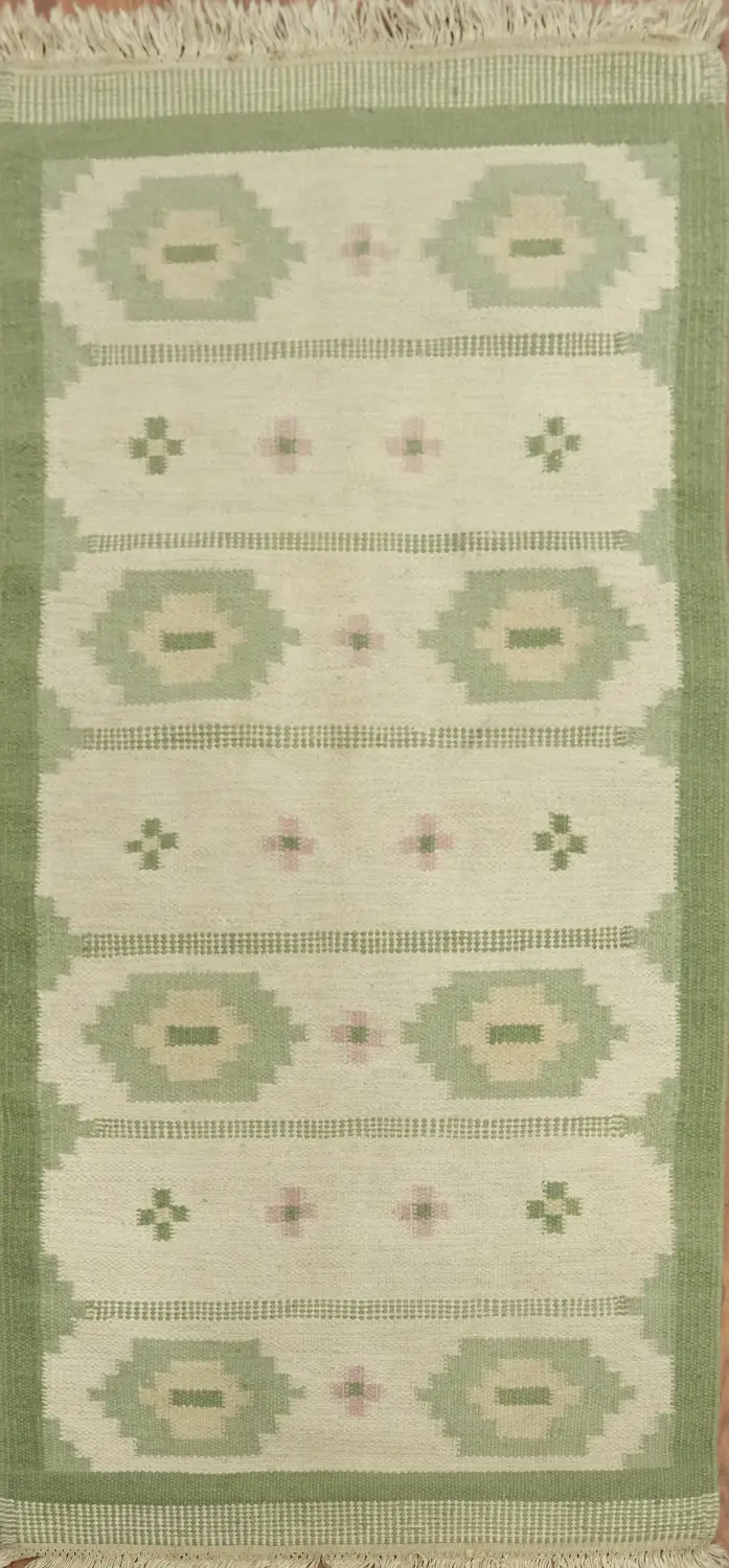 Pastel Green and Cream Geometric Pattern Kilim Dhurrie Rug 3x6