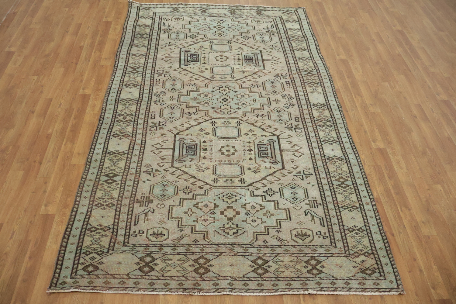 Geometric Wool Vintage Distressed Anatolian Area Rug 6x9