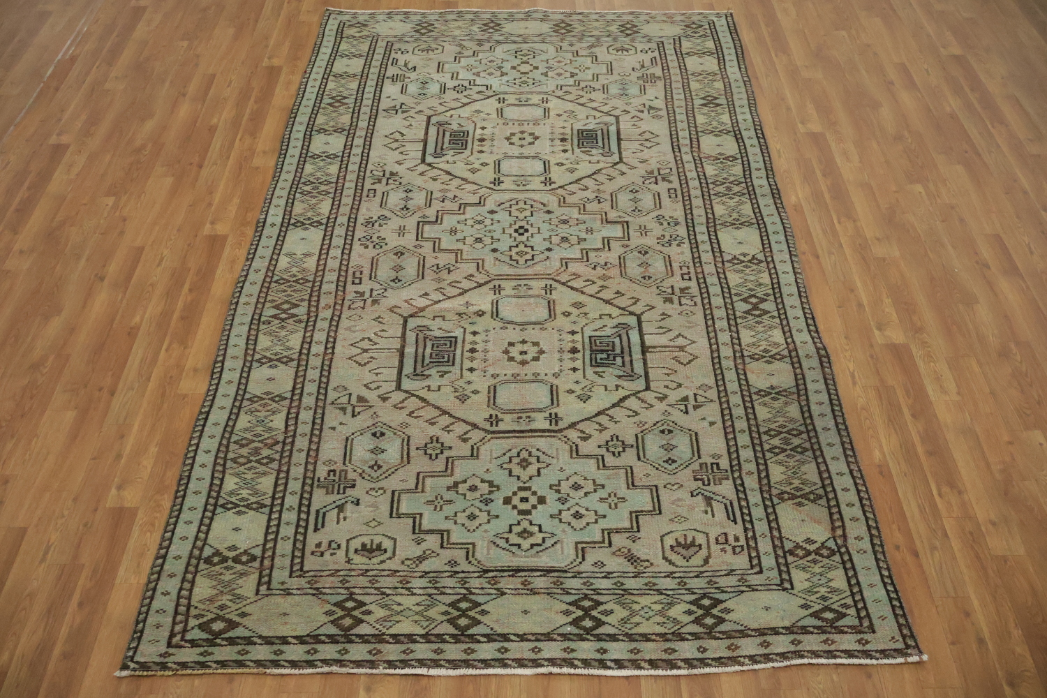 Geometric Wool Vintage Distressed Anatolian Area Rug 6x9