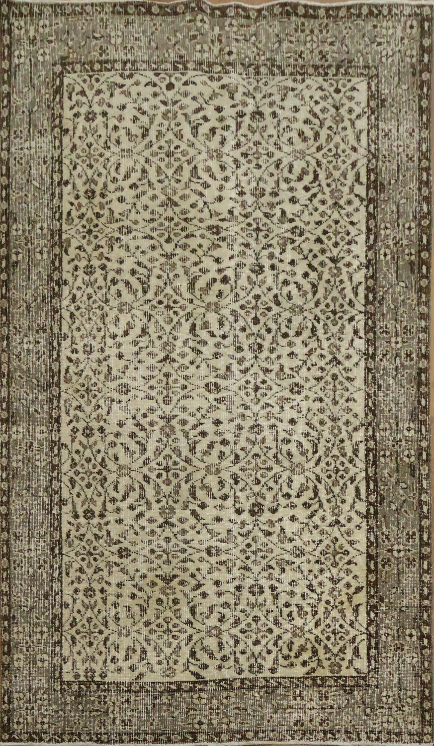 Vintage Distressed Wool Floral Turkish Area Rug 4x7