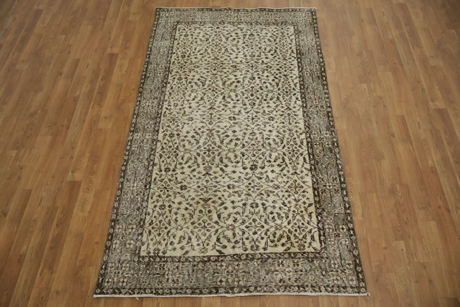 Vintage Distressed Wool Floral Turkish Area Rug 4x7